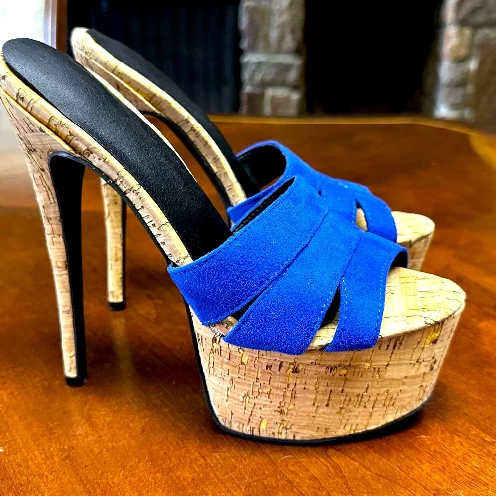 FSJ Blue Suede Cork Platform High Heels